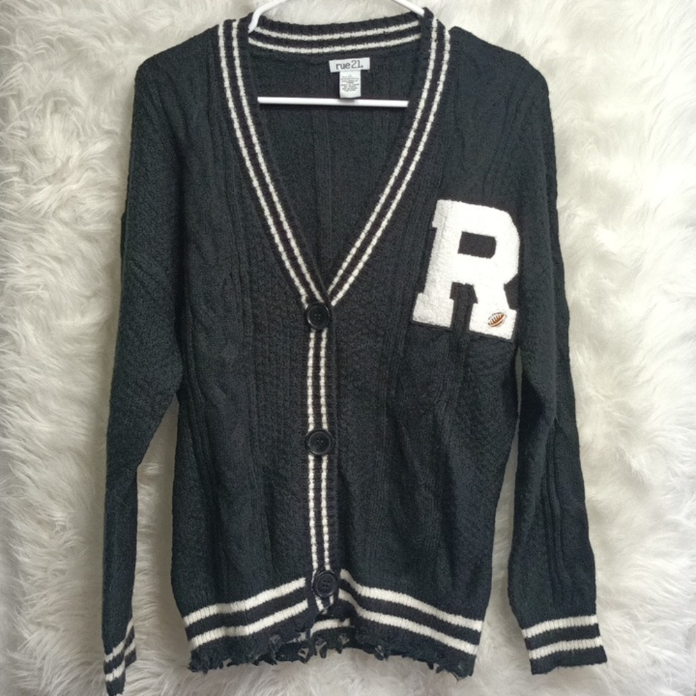 Distressed Oversized Button Down Long Sleeve Letter Football Sweater